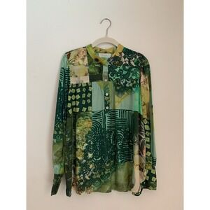 NOEN Patchwork Print Viscose Shirt Sz 8 Tunic Green Long Sleeve Resort Artsy